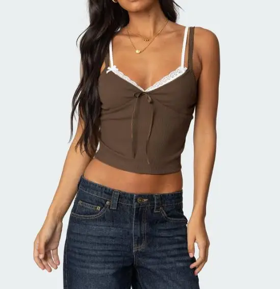 

Top Women 2026 Spring Summer New Low Cut Contrasting Double Shoulder Straps Backless Versatile Casual Basic Camisole Top
