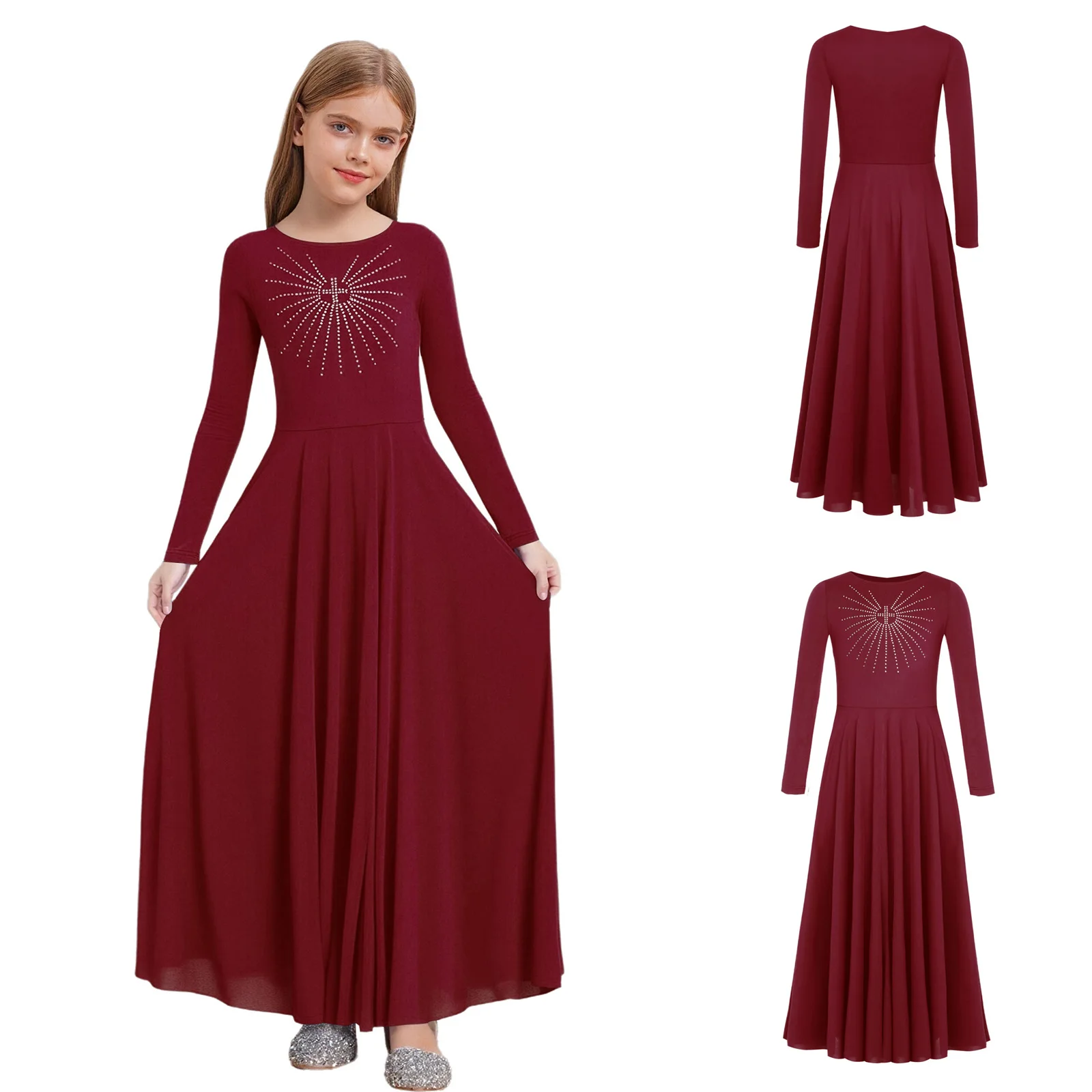 

Kids Girls Church Choir Liturgical Worship Dress Rhinestones Long Sleeve Maxi Dress for Lyrical Praise Dance Performance Robe