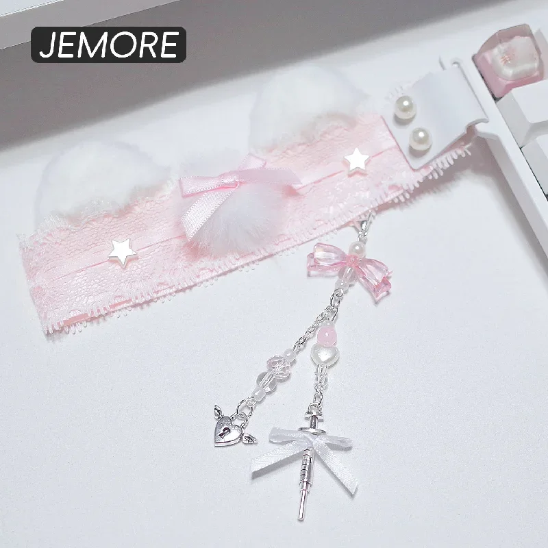 Kawaii Pink Lace Keyboard Lanyard with Plush Cat Ears Bow Pearl Pendant Decorative Strap Gaming Keyboard Accessories Gift