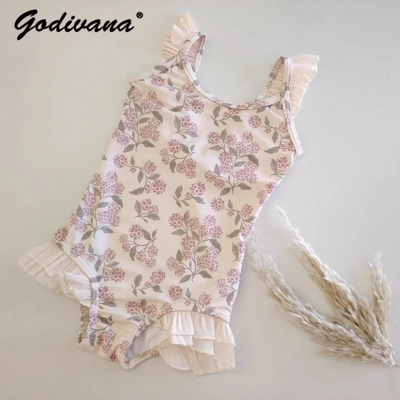 2026 Summer New Little Girls One-piece Swimsuit Sweet Floral Print Lace Splicing Swimwear Cute Toddlers Girls Spa and Beachwear