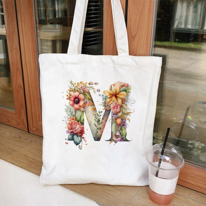 Torebki damskie o dużej pojemności 26, alfabet A-Z Torby na ramię Shopper Canvas Letter Fashion Flower Trend Białe torby z grubej bawełny