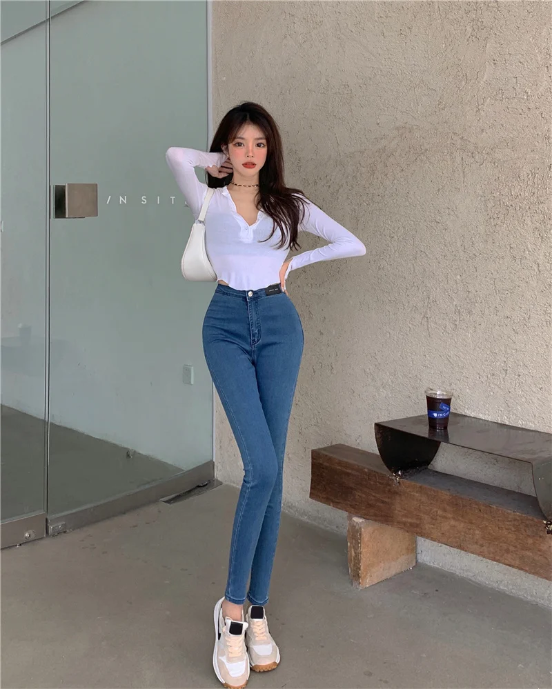 Jeans Women's High Waist Slim Fit Slim Elastic Denim Pants 2023 Spring And Autumn New Casual Blue Pencil Pants