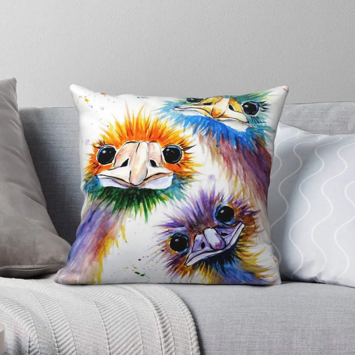 Funky Emu Bird Trio Square Pillowcase Polyester Linen Velvet Printed Zip Decorative Pillow Case Sofa Seater Cushion Cover