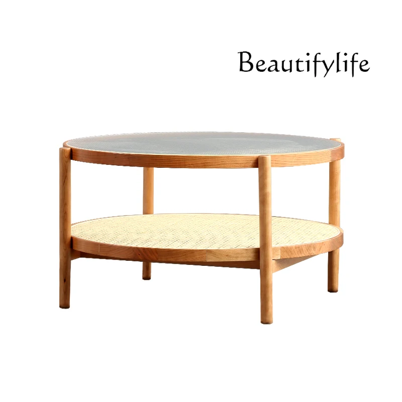 

Nordic round glass coffee table combination cherry wood living room side a few Japanese rattan small corner table