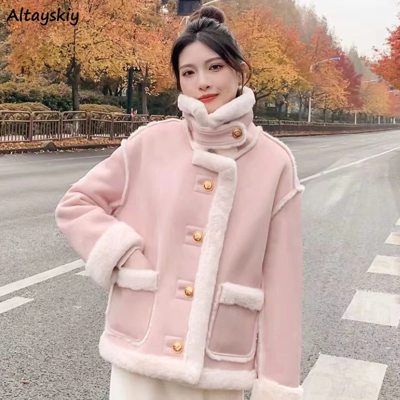 

Winter Panelled Wool Women Tender Warm Coat Loose Girlish Korean Style Students All-match Aesthetic Pockets Design Streetwear