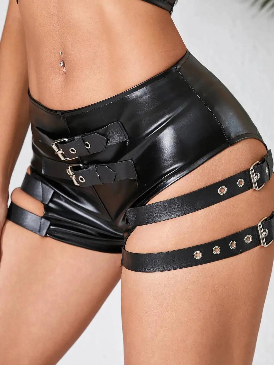 New PU Tight Shorts For Woman Pure Desire Bar Style Elegant Women's Sexy Hollow Out High Waist Zipper Black Casaul Shorts  3TJR