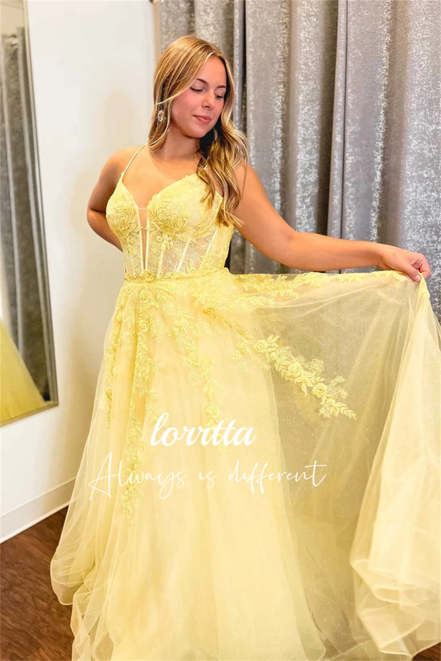 

Lorrtta Yellow Tulle Party Dress Appliquéd Spaghetti Strap Princess Plus Size Women's Clothing Customization فستان سهرة نسائي