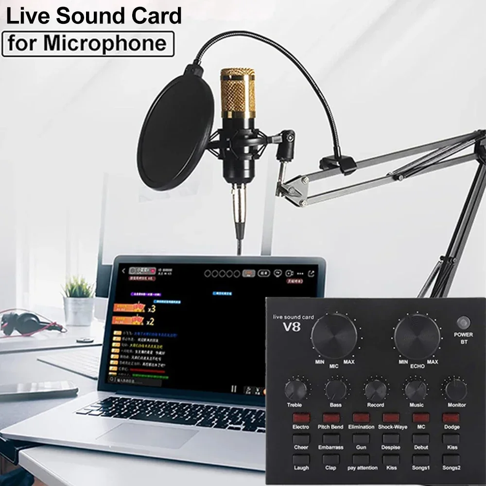 V8 Sound Card Audio Set Interface External Usb Live Microphone Sound Card Bluetooth Function For Computer Pc Mobile Phone Singin