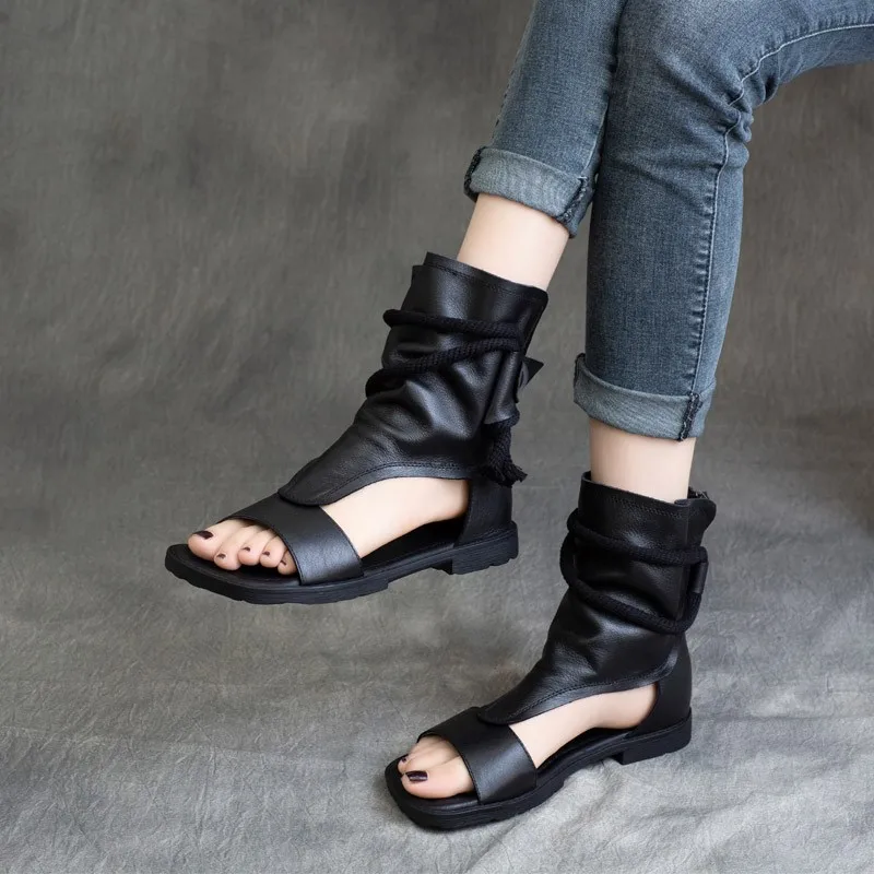 New Style Stringed Back Zipper Comfortable Flat Bottom Retro Soft Leather Low Heel Openwork Breathable Roman Sandal for Women view 5