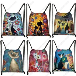 Lovely Animal Cat Pattern Women Drawstring Bag Cute Cartoon Cats Image Printed  Storage Bag Canvas Fashion Traveling Backpack