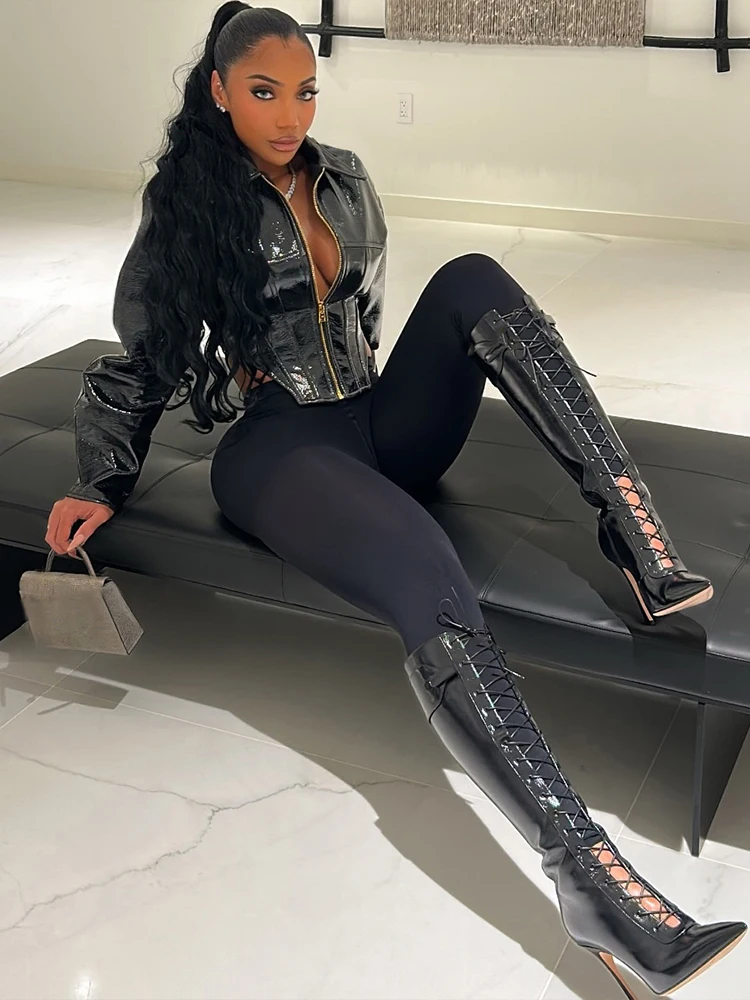 

Whatiwear High Street Jacket Woman Faux Leather Zip Polo-Neck Full Sleeve Irregular Hem Hottie Sexy Fashion Style Classic Coats