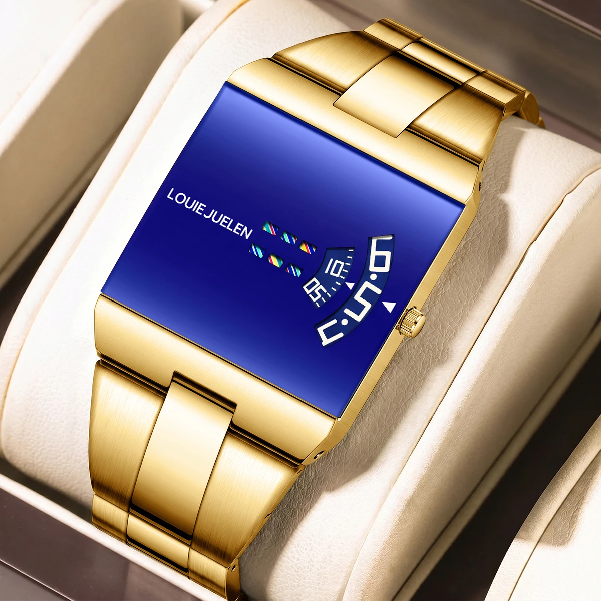 LOUIE JUELEN Men Square Jump Hour Watch Unique Blue Dial Stainless Steel Band Quartz Wristwatch Waterproof Fashion Reloj Hombre