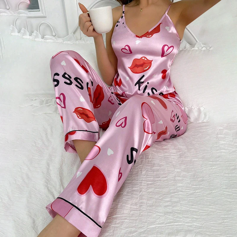 Women\'s Satin Floral Pajama Sets with Spaghetti Strap Tops and Long Pants Sleepwear 2 Piece Sleeveless Home Clothes Loungewear