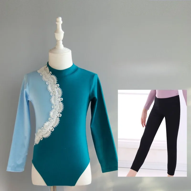High Neck Long Sleeve Color Block 2Pcs Ballet Leotard Pants Set Shaping Outfit Studio Wholesale Soft Elastic Training Dance Wear