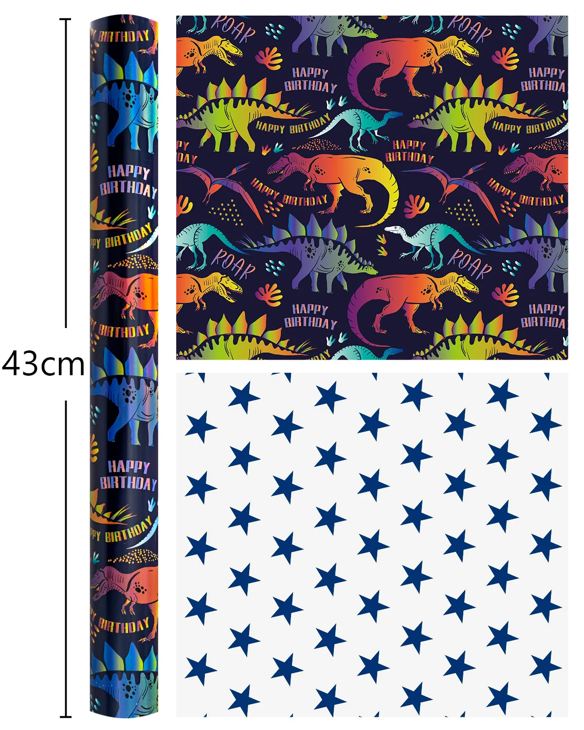 Dinosaur Birthday Wrapping Paper 43cm x 10m - Reversible Blue Stars Gift Wrap Paper Roll for Kids Boys,Baby Shower, Fathers Day view 4