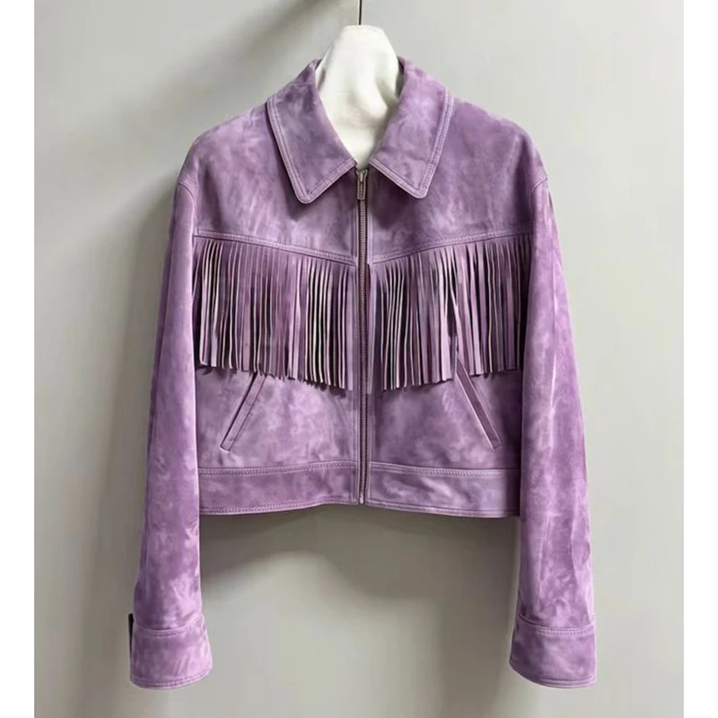 Purple Leather Jacket for Women Autumn Fashion Real Suede Jaqueta Feminina Lapel Zipper Tassel Design Loose Short Sheepskin Coat