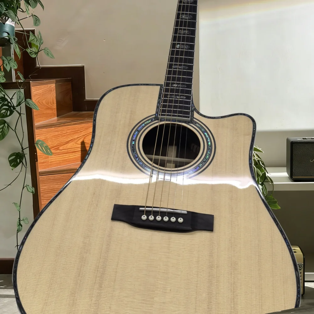 Guitarra acústica de 41 pulgadas, serie D45, con esquina faltante, tapa sólida, de alta calidad, con incrustaciones de concha de abulón, sonido rico y suave, envío gratis.