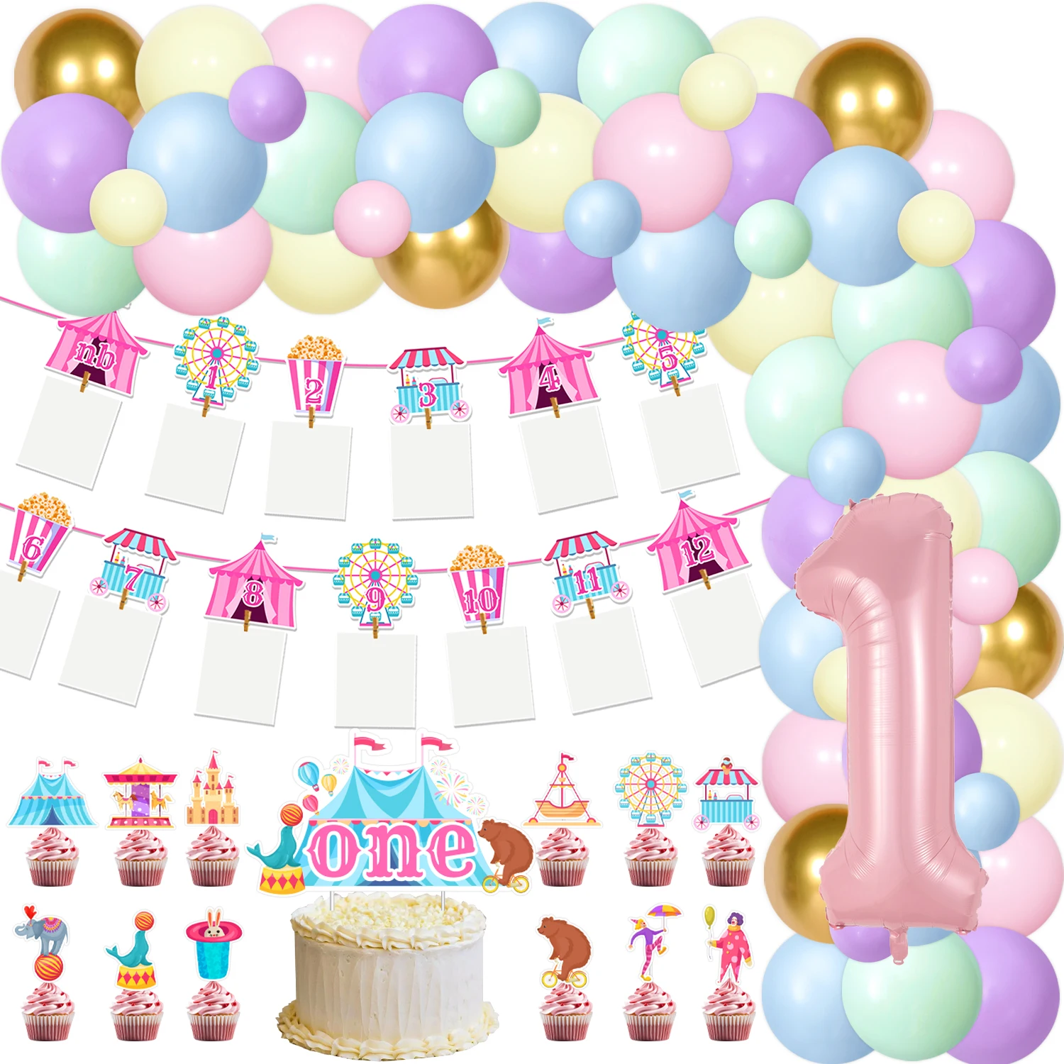 

Circus Carnival Theme 1st Birthday Decor Balloon Garland Arch Photo Banner Cake Toppers for Baby Shower 1st Birthday Supplies