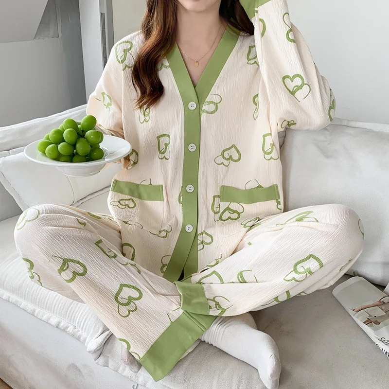 Pijama de algodón de manga larga para mujer, ropa de dormir Sexy, bata de noche para el hogar, ropa de salón, traje suelto, servicio a domicilio, otoño