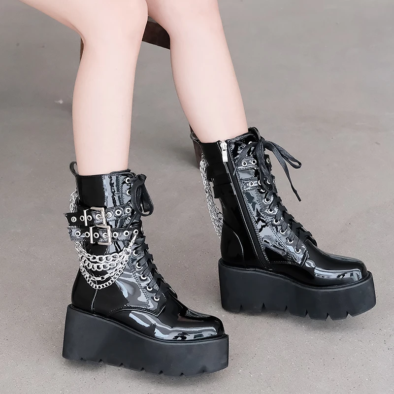 Fashion Nightclub Ankle Boot 7cm High-Heeled Plataform Ladies Rivet Chains Pumps Pole Dance Sapato Feminino Women's PUNK Shoes