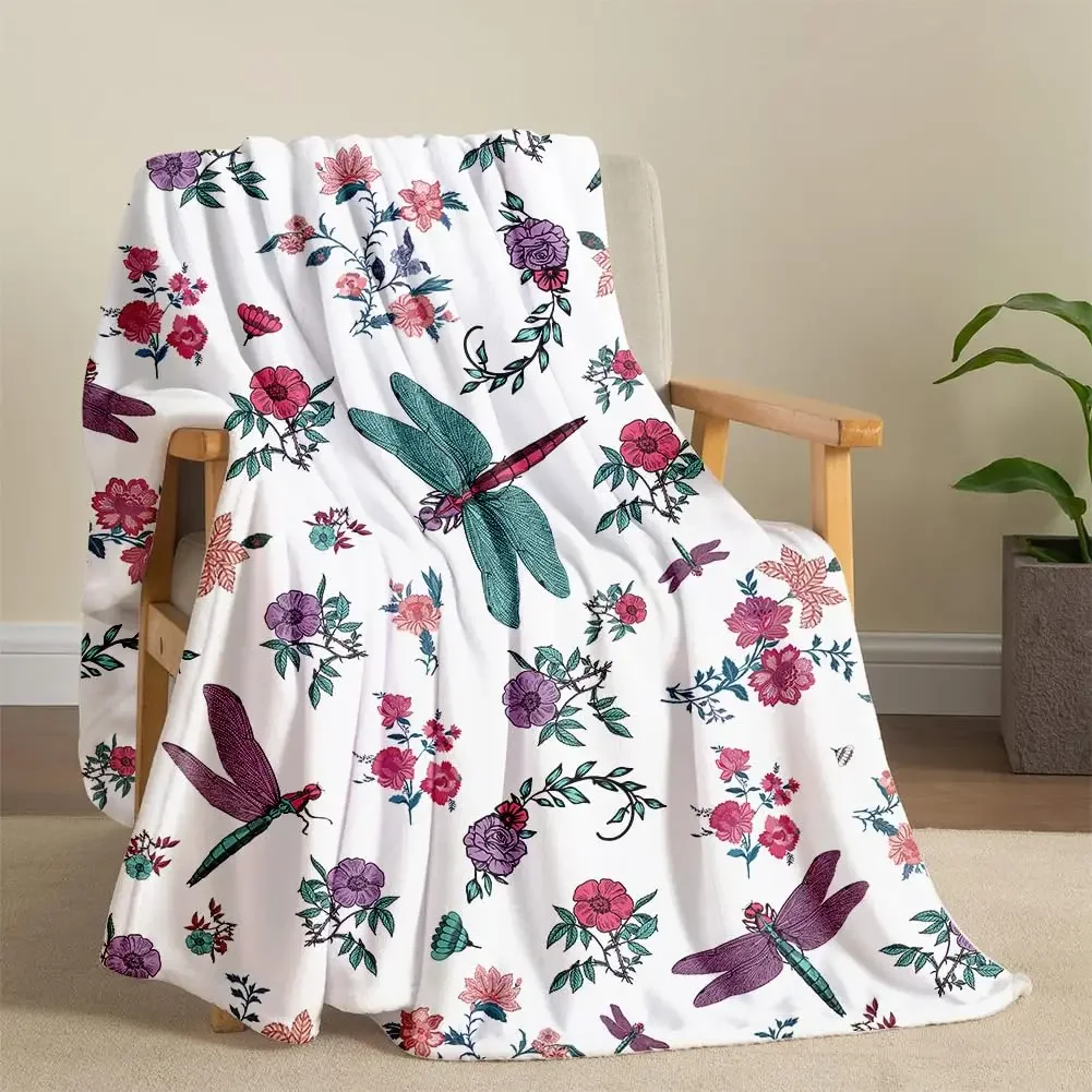 Dragonfly Throw Blanket Lightweight Soft Warm Flannel Blanket Cozy Air Conditioning Blankets for Adults Kids Home Bedroom Decor