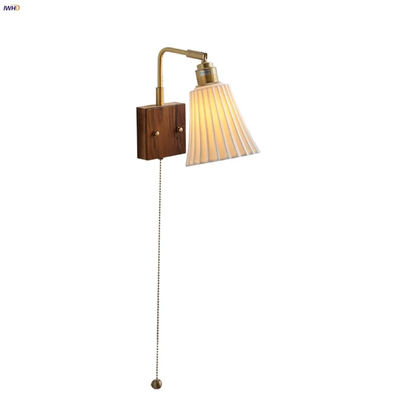 

IWHD Glass Ceramic LED Wall Lamp Sconce Kitchen Walnut Wood Nordic Modern Rotatable Pull Chain Switch Bathroom Mirror Light