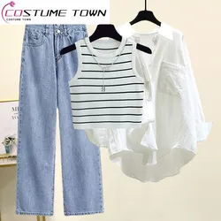 Large Women's Spring/Summer Set Women's 2023 New Shirt Top Women's Suspender Tank Top Versatile Wide Leg Pants Three Piece Set