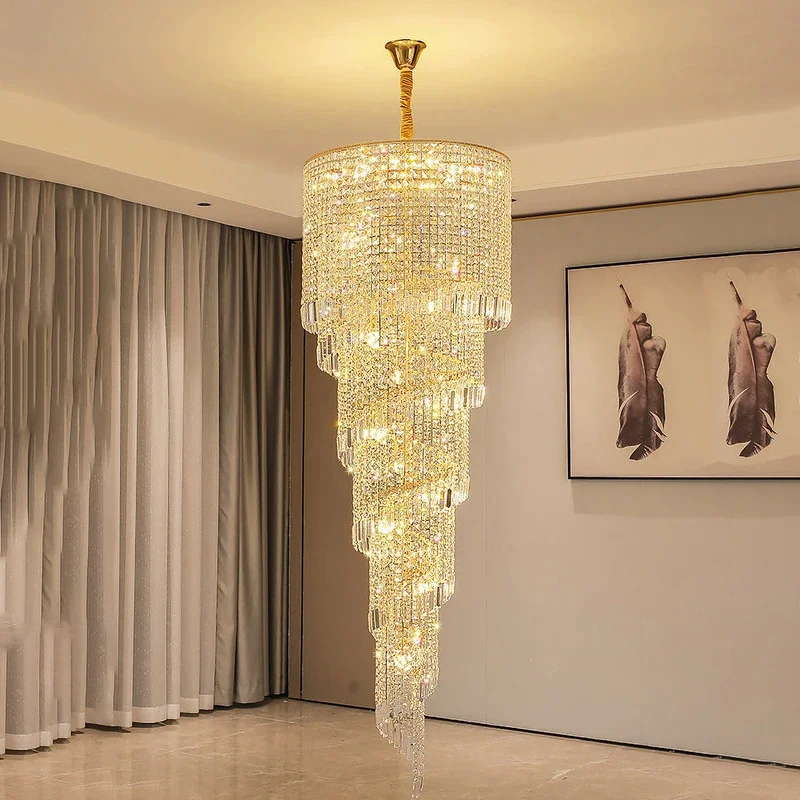 

luxury staircase chandelier lighting gold home decor crystal lamp spiral design hallway lobby long suspension light fixture