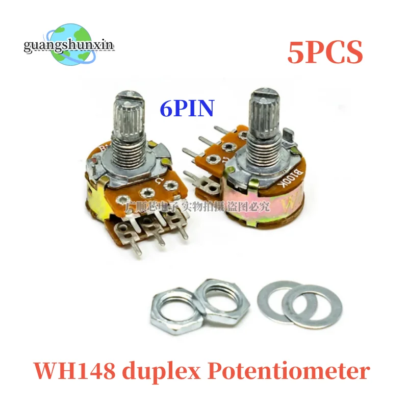 

5pcs WH148 duplex Potentiometer 6-pin 15mm shaft with nut and washer B1K B2K B5K B10K B20K B50K B100K B500K B250K B1M