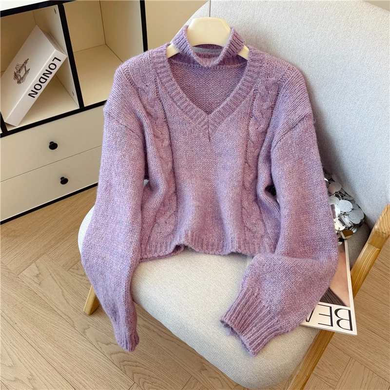 

2025 зимний женский свитер ort V-Ne с высокой талией, утягивающий дизайн, корейский свободный свитер для поездок на работу, прямая трубка, полиэфирное волокно