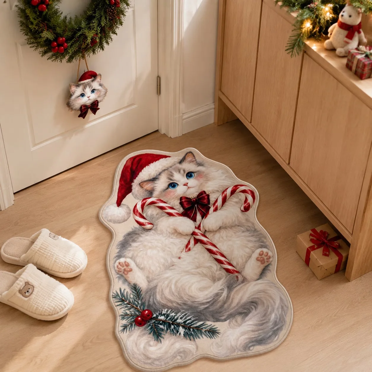 VIKAMA Black White Cat Santa Hat Scarf Cabin Door Mat, Non Slip Absorbent Cute Kitty Snowflake Welcome Floor Mat Entryway