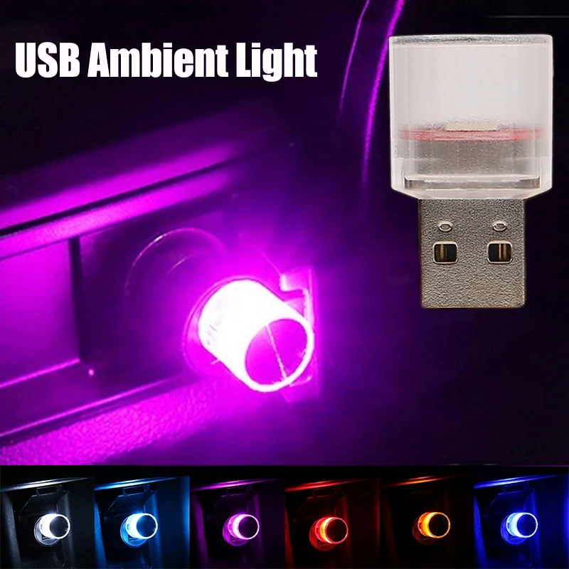 Mini USB Car Ambient Light Colorful Flash LED Atmosphere Lamp Portable Plug Play Auto Interior Decorative Lighting Blue Purple