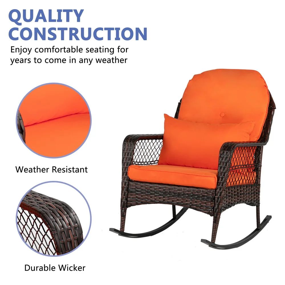 Outdoor Resina Wicker Cadeira de balanço com esponja Almofadas, Pátio Quintal Móveis Club Rocker Chair, Black Wicker & Orange Almofadas