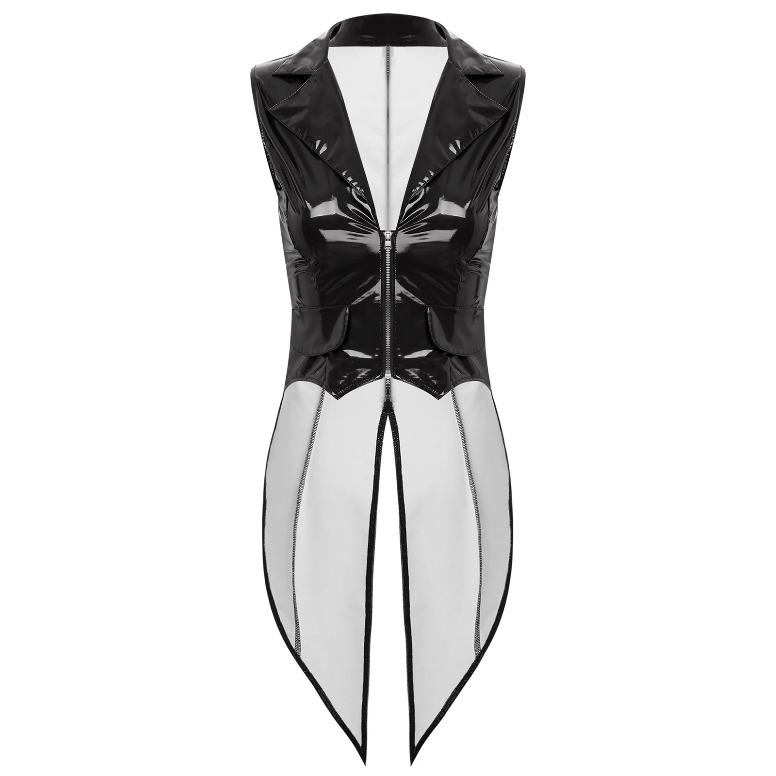 Womens Sexy Punk Patent Leather Vest Tailcoat Notched Lapel V Neck Sleeveless Zipper Gothic Jacket Coat Halloween Party Clubwear