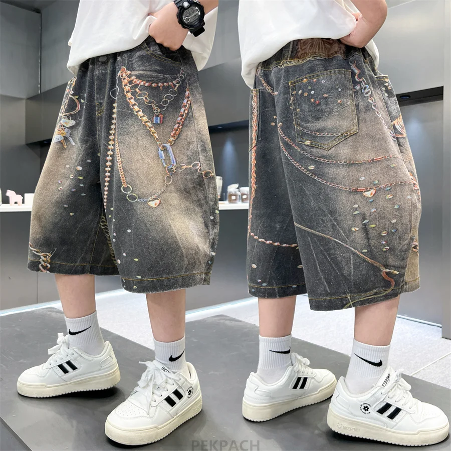 

Children Fashion Street Baggy Denim Shorts with 3D Print for Teenage Boys Loose Casual Shorts Kids Gray Color Knee Length Pants