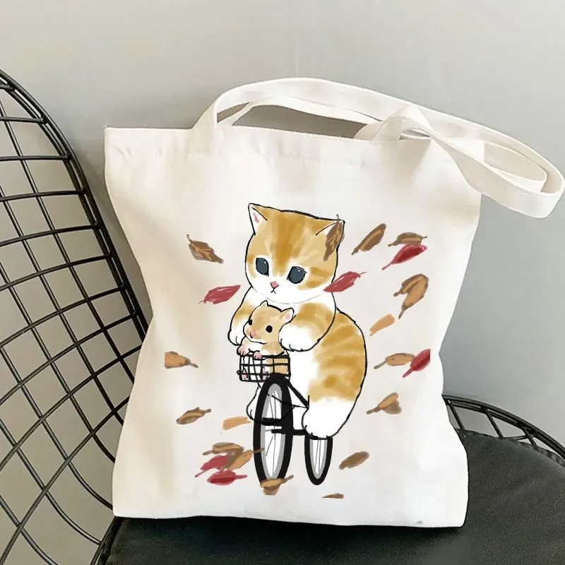 Kawaii Cat Print Womens Designer Tote Bags Linen Reusable Shopping Bag for Groceries Shoulder Bags for Lady Cute Tote Bag 5