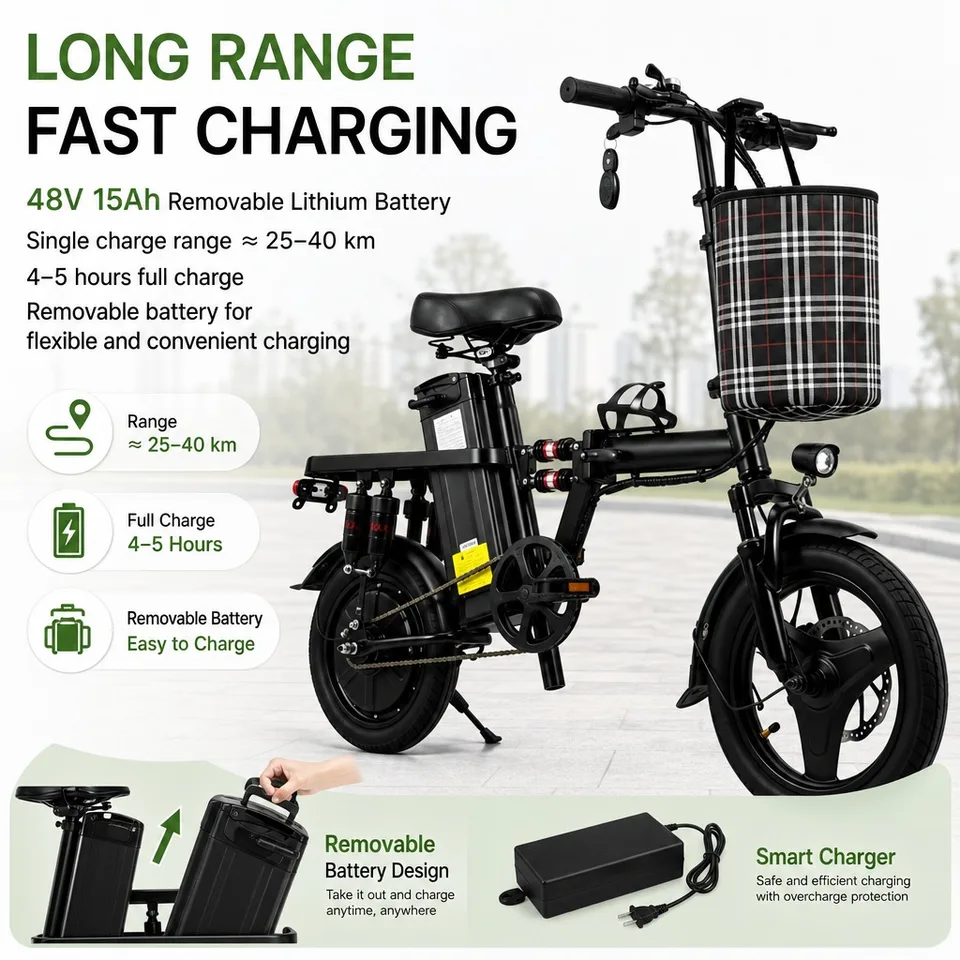 Adult Electric Bicycle 8 Shock Absorbers 14" Tires 500W 48V 15Ah Foldable E-Bike Smooth Ride Commuter Folding Ebike Scooter