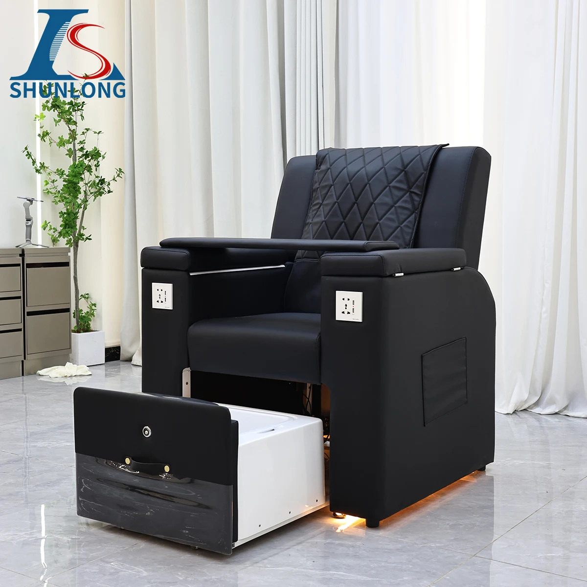 Electric Reclining Pedicure Chair with Removable Foot Basin, Nail Salon SPA Foot Massage Sofa with LED Light & Power Socket