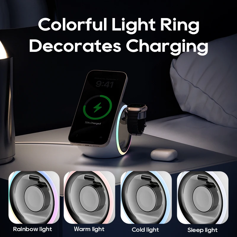 KUULAA 3 in 1 Wireless Charger Stand for iPhone 15 14 Color Changing LED Light Magnetic Wireless Charging for AirPods/Watch