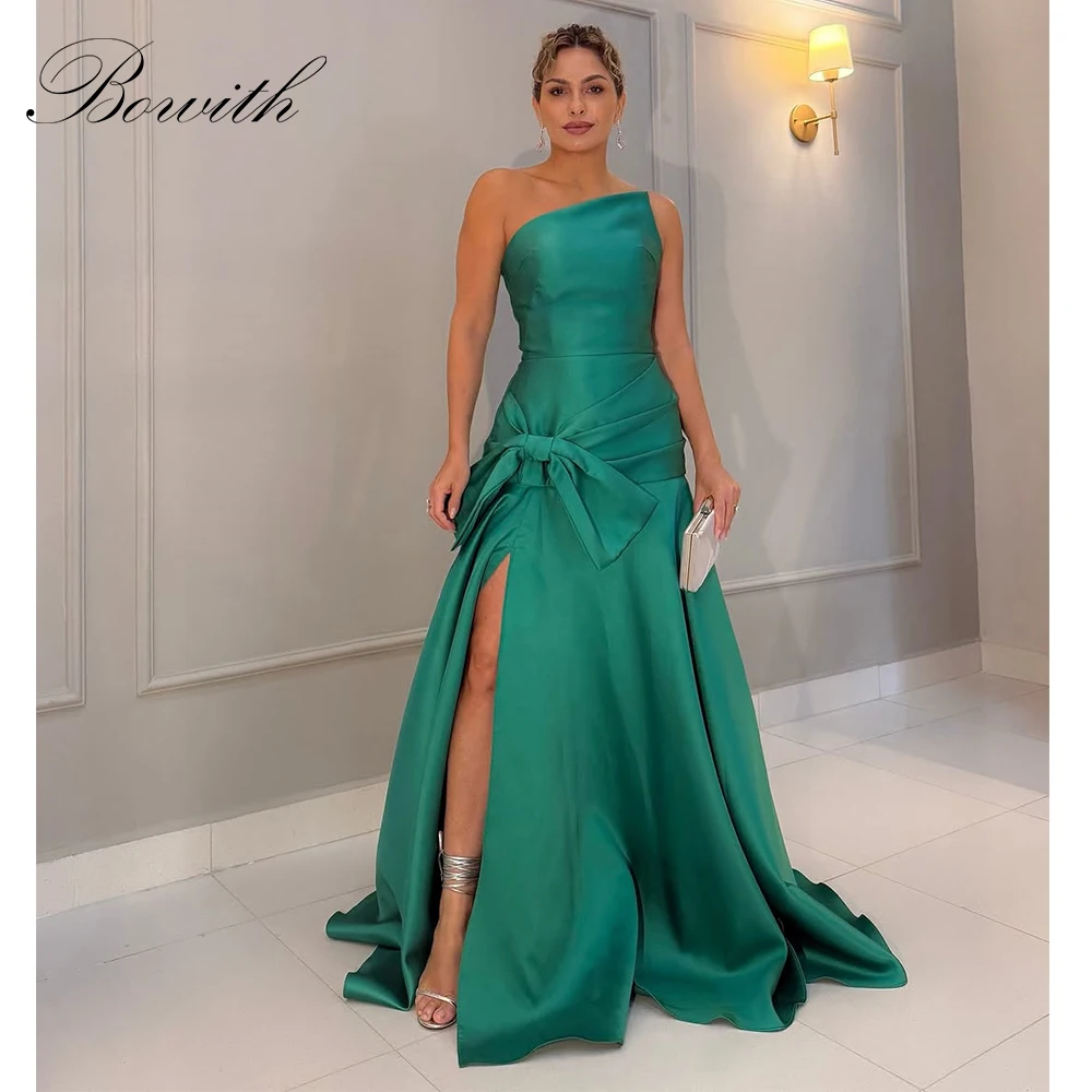

Bowith Green Prom Dresses 2025 Side High Slit Strapless Floor-Length Party Dresses Customized Elegant Bow Evening Dresses