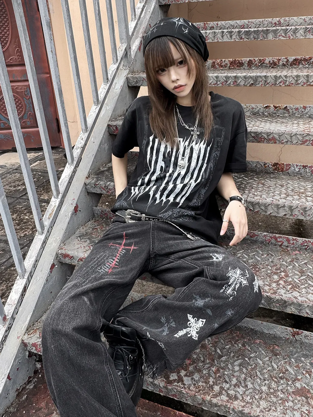 Y2K Gothic Oversized T‑Shirt Vintage Frame Print Streetwear Women Men Short Sleeve Tee Vintage Gothic Ornament Frame Tshirt