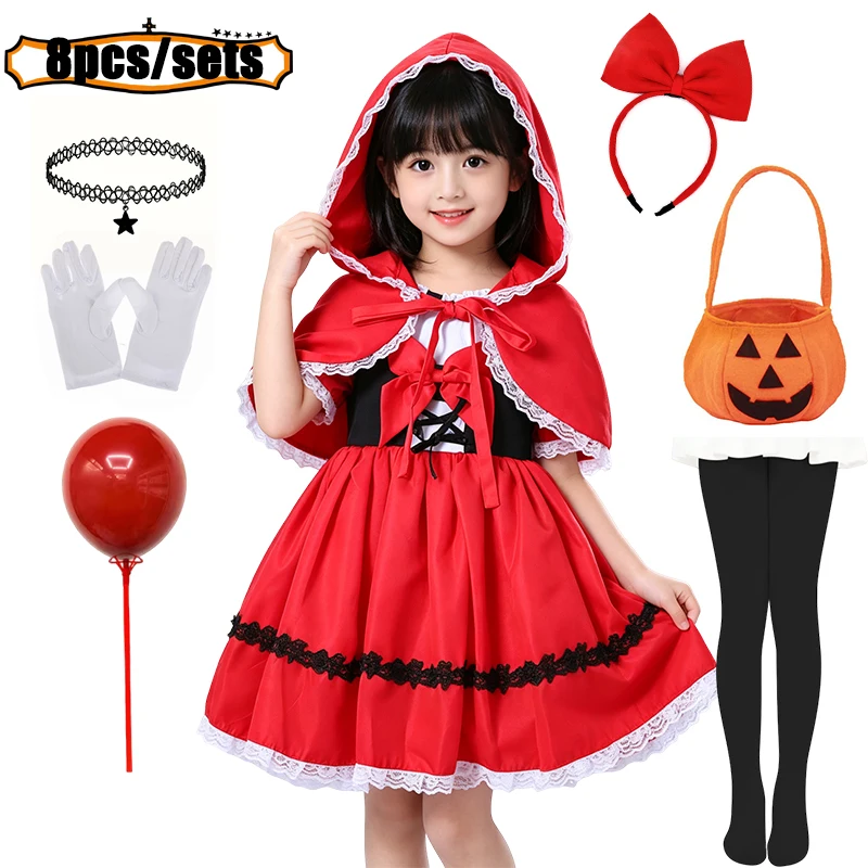 Children Fairytale Themed Cosplay Outfit Girl Red Cloak Apron Dress With Hair Hoop Necklace For Holiday Masquerade Stage Show - view 4