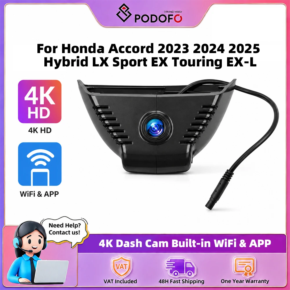Podofo 4K Dashcam mit Schleifenaufzeichnung, G-Sensor, WLAN & App, UHD 2160P Videokamera für Honda Accord 2023 2024 2025 Hybrid LX Sport EX Touring EX-L