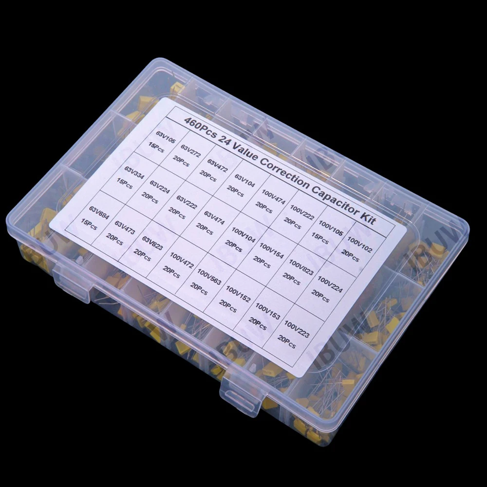 460個入り-63v-100v-24種類の補正コンデンサ詰め合わせキット-63v-100v-ポリプロピレン安全プラスチックフィルムコンデンサセット-100v