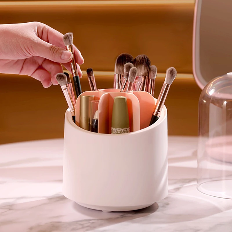 360° Rotating Makeup Brush Bucket With Dust-proof Cover Cosmetic Storage Box