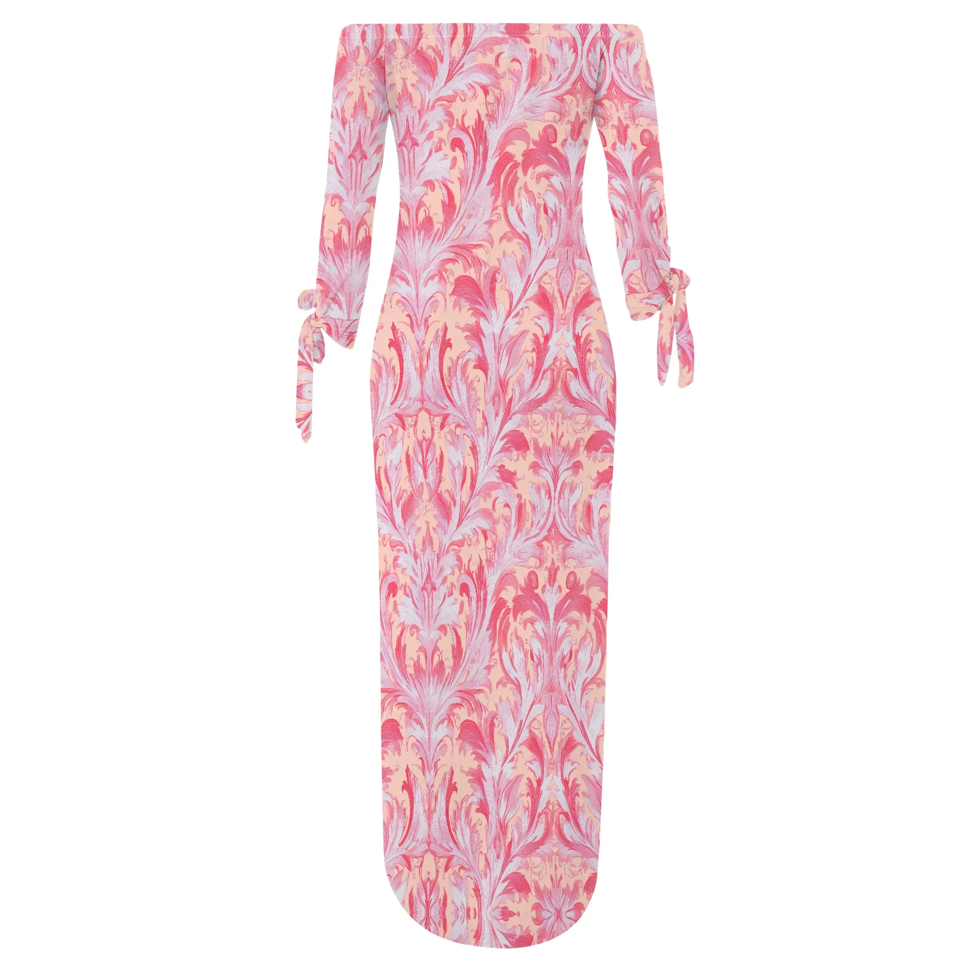 ชุดเดรสแม็กซี่เดรสพิมพ์ลายผีเสื้อสีชมพูลําลองปิดไหล่แขนยาวชุดเดรสเข้ารูปสําหรับผู้หญิงสไตล์วันหยุดฤดูใบไม้ผลิ