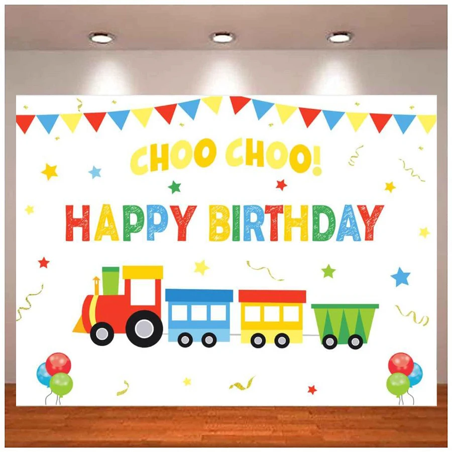 Happy 2nd Birthday Photography Backdrop For Kids Boys Choo Choo Colorful Flags Building Block Train Background Decorations