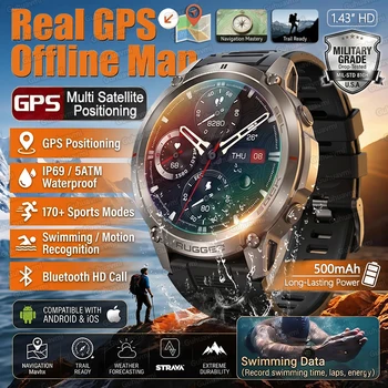 2026 Nowy Smartwatch GPS Męski Mapa Offline Zegarki Sportowe Barometr Kompas Połączenia BT Wodoodporność 5ATM Bransoletka do Pływania dla Androida iOS