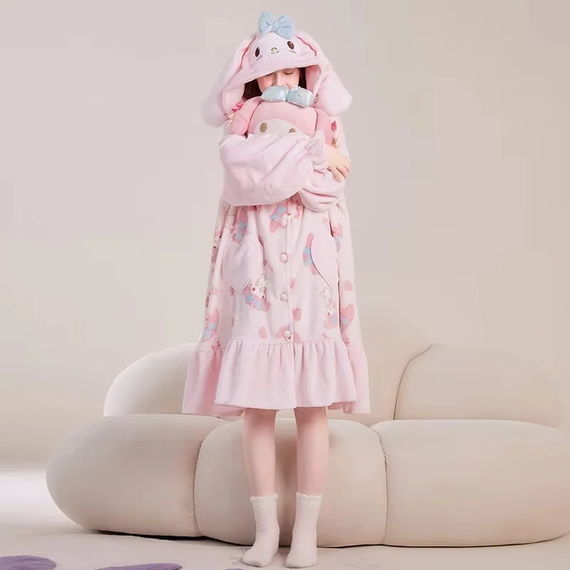 Sanurgente-Pyjama en peluche My Melody Anime, ensemble deux pièces, vêtements de détente épais en velours, robe en spanGown, mignon, lieux d'automne et d'hiver