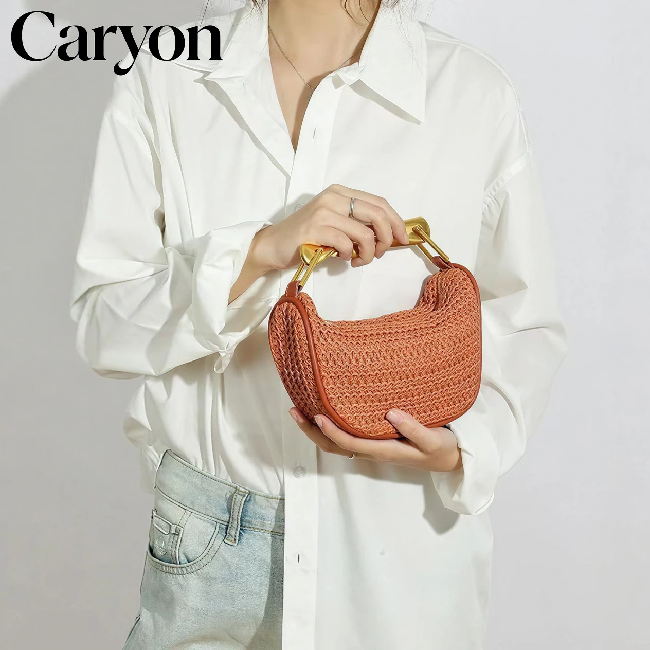 

Knitting Straw Hobos Women Handbags Bohemian Beach Casual Purse Luxury Metal Top Handle with Chain Half Moon Woven Shoulder Bag